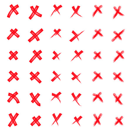 Grunge set X. Set red shapes on a white background. X red mark vector set collection. Cross sign icon from hand brush strokes. Hand drawn doodle scribble crossed brush strokes.のイラスト素材