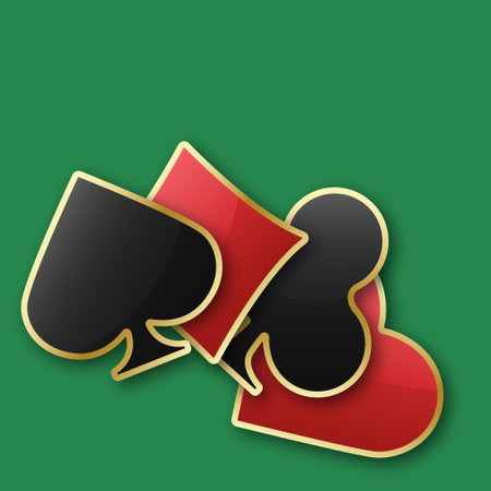 Hearts, diamonds, clubs and spades chips signs icons. Glossy playing card suit symbol with gold border. Vector illustration chips. green backgroundのイラスト素材