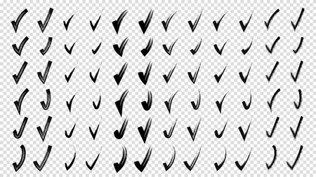 Brush hand drawn painted checkmarks set collection. Collection of hand doodle check marks ticks. Pencil black scribble sketches isolated on transparent background. vector illustration.のイラスト素材