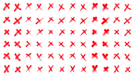 Grunge set X. Set red shapes on a white background. X red mark vector set collection. Cross sign icon from hand brush strokes. Hand drawn doodle scribble crossed brush strokes.のイラスト素材