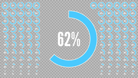 Percentage circle diagrams from 0 to 100. Set of icon for infographic. Big percent collection for user interface UI or business infographic. Blue and white shapes. vector illustration. transparent bgのイラスト素材