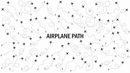 Airplane or airplane routes path set. Travel concept from start point and dotted line tracing. Aircraft tracking, plane path, travel, map pins, location pins. vector illustration. white background.のイラスト素材
