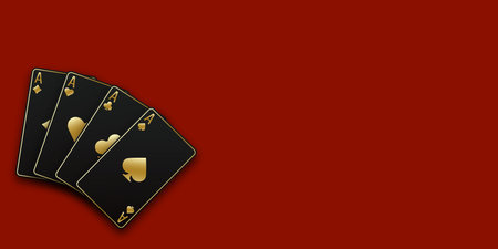 Red Poker or Casino table background. A hand fanned of playing cards consisting of Ace of Spades, Diamonds, Clubs, Hearts. Vector illustration Casino of all the aces.のイラスト素材