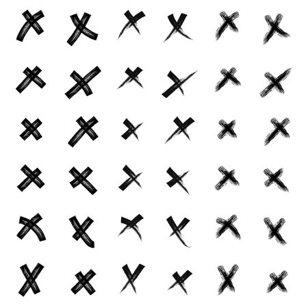 X black mark vector set collection. Cross sign icon from hand brush strokes. Hand drawn doodle scribble crossed brush strokes. Grunge set X. Set black shapes on a isolation white background.のイラスト素材