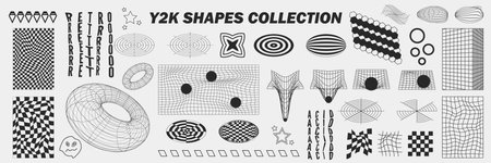 Abstract geometry wireframe shapes and patterns, cyberpunk elements, signs and perspective grids. Surreal geometric retro signs. Rave psychedelic futuristic Y2k acid aesthetic set. vector illustrationのイラスト素材