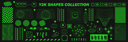Abstract geometry wireframe shapes and patterns, cyberpunk elements, signs and perspective grids. Surreal geometric retro signs. Rave psychedelic futuristic Y2k acid aesthetic set. vector illustrationのイラスト素材