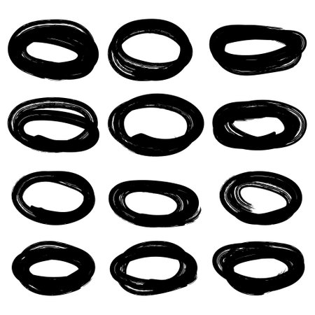 Vector abstract hand drawn marker ellipses. Hand drawn abstract grunge frames elements. Scribble set. Doodle sketched highlight circles or rings. Black marker drawing on isolated white background.のイラスト素材