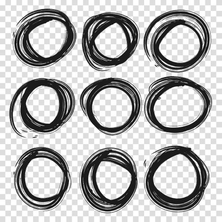 highlight circle frames. For message note mark design element. Set hand drawn pencil or marker round circles line sketch set. Circular scribble doodle oval. vector illustration. transparent background.のイラスト素材