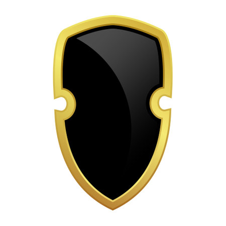 Black shield with glossy bright golden frame. VIP luxury logo design element. Vector clipart illustration. Transparent background.のイラスト素材