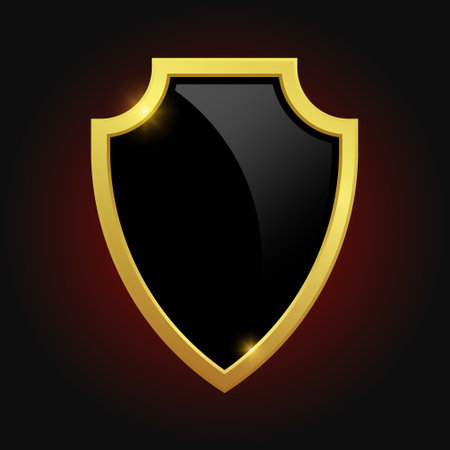 VIP luxury logo design element. Black shield with glossy bright golden frame isolated on red background. Vector clipart illustration.のイラスト素材