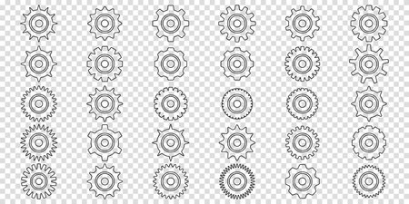 Simple Gear wheel collection. Cogwheel. Gears icon outline set. Setting gears icon. Machine gear icon vector set. Gear icons. Different style icons set. Vector illustration on a transparent background.のイラスト素材