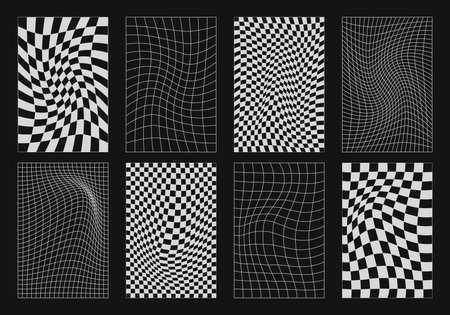 Abstract wireframes, cyberpunk elements and perspective white grids or spheres. Surreal geometric retro futuristic set. Psychedelic y2k shapes. Rave vector elements and signs in trendy psychedelic.のイラスト素材