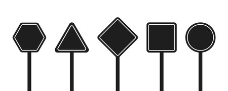 Set of round, square, rhombic, triangular and hexagonal black road signs. Vector illustration of icons for warning about the situation on the road. White isolated background.のイラスト素材