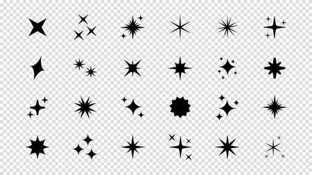Set of original star sparkle shapes. Abstract shine effect vector sign. Retro futuristic bright vector icons collection. Glowing light effect, twinkle templates stars and bursts, shiny flash.のイラスト素材