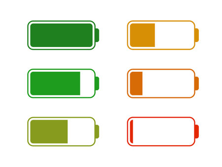 Level battery energy icon set. Powerfully full and power low up status batteries. Energy reusing concept. Alkaline tags. Battery charging point, charge indicator. Mobile plug. Vector illustration.のイラスト素材