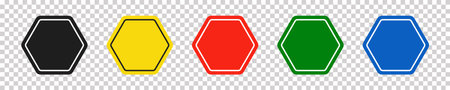 Set of hexagonal black, yellow, red, green and blue road signs. Vector illustration of icons for warning about the situation on the road. Transparent isolated background.のイラスト素材