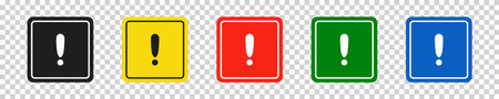 Set of square black, yellow, red, green and blue road signs with exclamation point. Caution sign. Vector icons for warning about the situation on the road. Isolated backgroundのイラスト素材