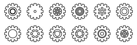 Gears icon set. Setting gears icon. Collection of mechanical outline cogwheels. Simple Gear wheel collection. Gear icons silhouette. Vector illustration with cogwheels sign set on white background.のイラスト素材