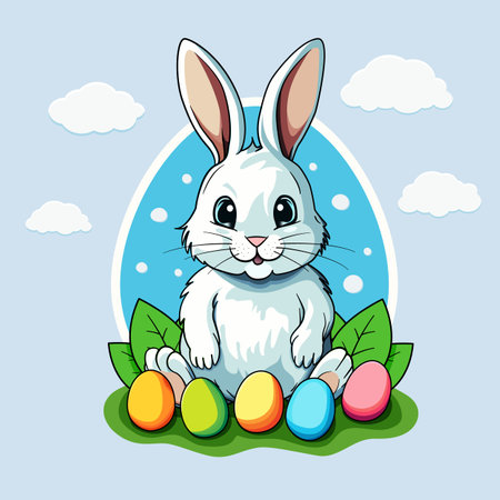 Easter bunny with colorful eggs and fluffy clouds on a blue background, perfect for holiday decor and kids activities. High quality vector illustration for Easter themed designs.のイラスト素材