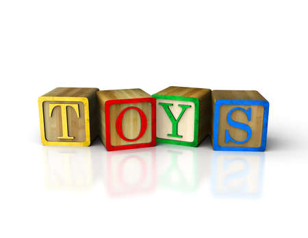 3d alphabet baby block made of wood on reflective white background spell out the word TOYSの写真素材
