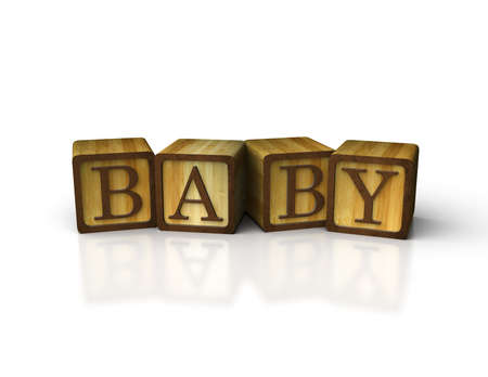 3d stacked baby alphabet block made of wood on reflective white background spell out the word babyの写真素材