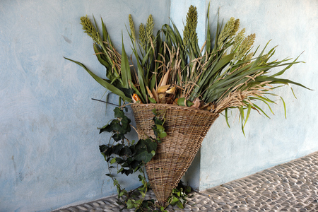 a wicker basket with wheat and leavesの写真素材
