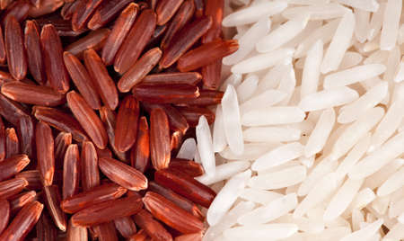 Macro of red and white rice grains showing how processed the white rice is.の写真素材