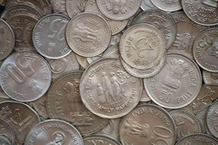 Indian coins of different denominationsの写真素材
