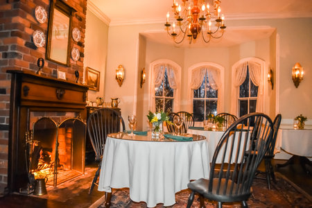 Dining room with a fireplaceの写真素材