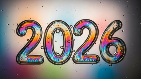Vibrant 2026 numbers with a unique water bubble effect. Perfect for New Year celebrations, future...