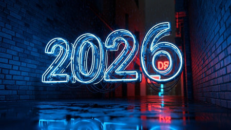 Striking neon sign displaying 2026 reflected in a wet city street. Ideal for new year promotions,...
