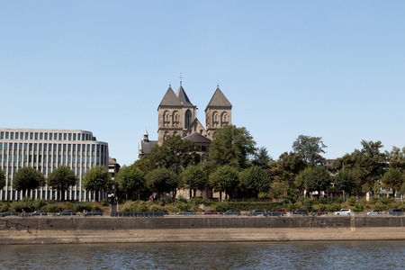 romanesque church at the river bank cologne germany photographed from the rhine during a boat trip with wide angle lensの写真素材