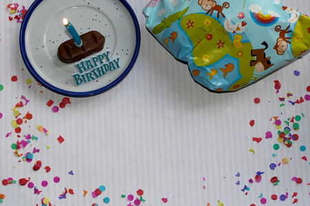 top view of a beautiful woman with a birthday candle and a birthday partyの写真素材