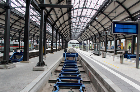wide view on a railway in wiesbaden hesse germany photographed during a walk on a sunny day in multi coloredのeditorial素材