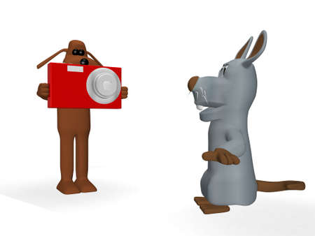 funny dog taking a picture of a cute mouseの写真素材