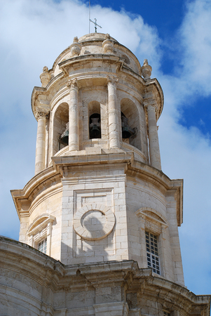 Tower of the Cadiz Cathedral (Spanish: Catedral de Cadiz, Catedral de Santa Cruz de Cadiz). It's a Roman Catholic church in Cadiz, southern Spain, and the seat of the Diocese of Cadiz y Ceutaの写真素材