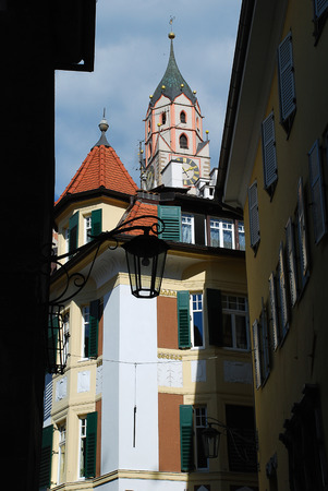 Meran, South Tyrol, Italy: The tower of St. Nicholas' Church. The church is dedicated to Saint Nicholas, the patron saint of the townの写真素材