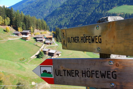 Hiking sign in the Ultental Valley (English: Ultental or Ulten, Italian: Val d'Ultimo), South Tyrol, Italy. Translation ofの写真素材