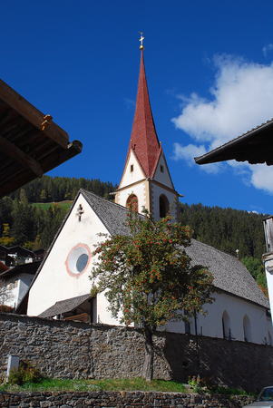 Parish Church of St. Nicholas (ital. San Nicolo), Ultental Valley, South Tyrol, Italyの写真素材