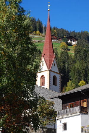 Parish Church of St. Nicholas (ital. San Nicolo), Ultental Valley, South Tyrol, Italyの写真素材