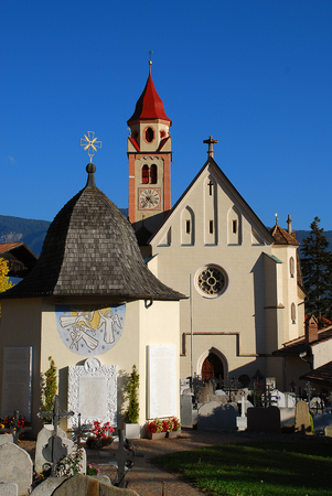 St. John the Baptist Parish Church in Tirol, Italy. Tirol  is a comune (municipality) in the province of South Tyrol in northern Italyの写真素材