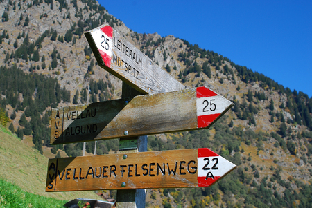 Hiking sign for the Vellau Rock Trail (German: Vellauer Felsenweg, South Tyrol, Italyの写真素材