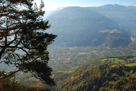 Panorama view on valleys and mountains in the italian alps standing at the Hans-Frieden-Felsenweg (Meran, South Tyrol, Italy). In the valley the village Algundの写真素材