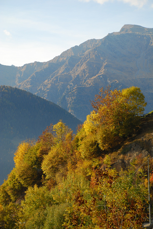 Hiking in the 'Hirzer' area with impressive autumn scenery, Sarntal Alps, South Tyrol, Italy. In the background the mountains of the Texel Groupの写真素材