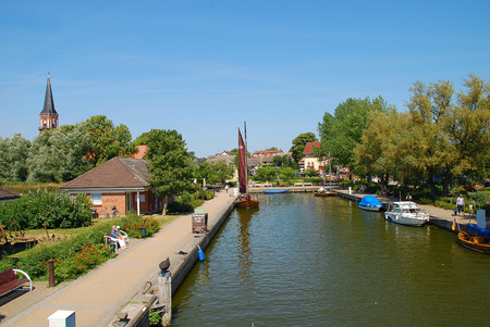 Harbor and church in Wustrow. Wustrow is a municipality at Baltic Sea coast in Mecklenburg-Vorpommern, Fischland, Germanyのeditorial素材