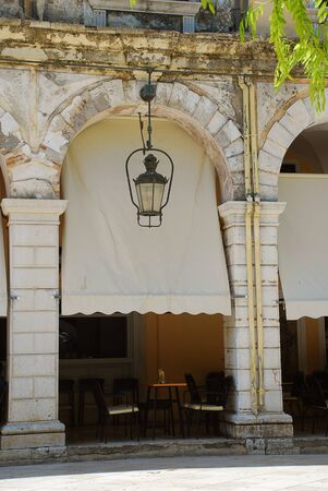 Architectural detail of the Liston in Corfu with arcaded terraces and fashionable cafes, nearby Spianada Square, Corfu-City (Greece)の写真素材