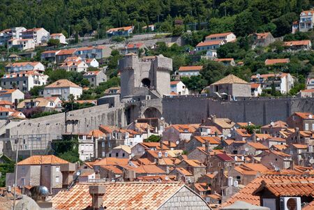 Croatia: Walls of Dubrovnik with sight on Minceta Tower from the seaside wall. It is the most prominent point in the defensive system towards the landの写真素材