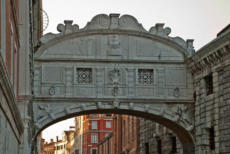 Venice, Italy: Ponte dei Sospiri, the Bridge of Sighs, Venetian bridge passes over the Rio di Palazzo, connects the New Prison (Prigioni Nuove) to the Doge's Palace. View from Paglia Bridge (Ponte della Paglia)の写真素材