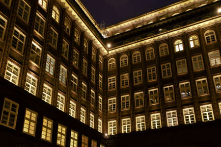 Hamburg, Germany. The Chile House (German: Chilehaus ), inner courtyard, in the evening. Located in the Kontorhaus quarter it is a 1920s Brick Expressionism style architectureのeditorial素材