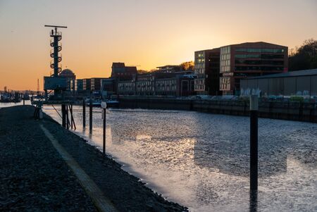 Hamburg, Germany: Sunset at the Warehouse Complex Altona Kaispeicher, which has been built in 1924の写真素材